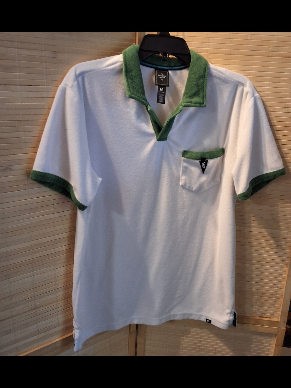 Men's White Terry Fabric Polo with Green Collar and Pocket Trim